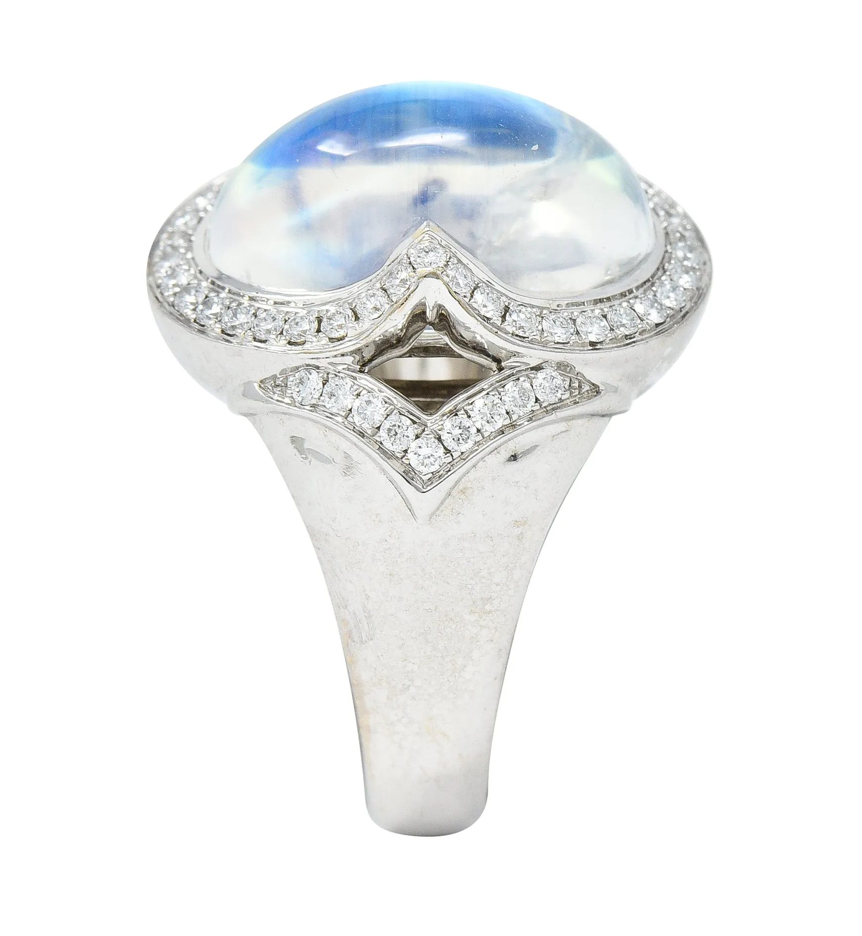 Spark Contemporary Rainbow Moonstone Cabochon Diamond 18 Karat White Gold Halo Ring