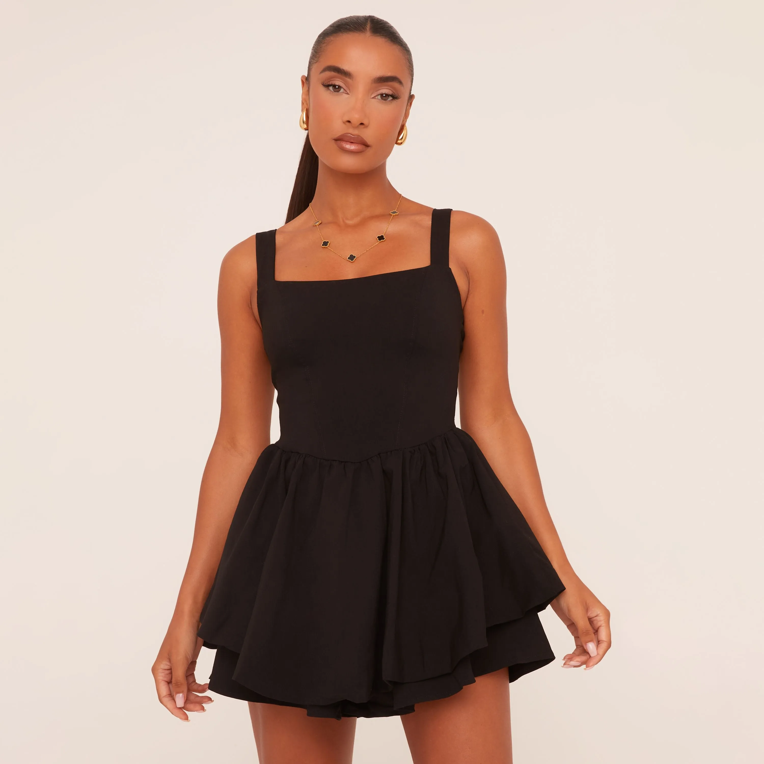 Square Neck Tiered Puffball Mini Dress In Black