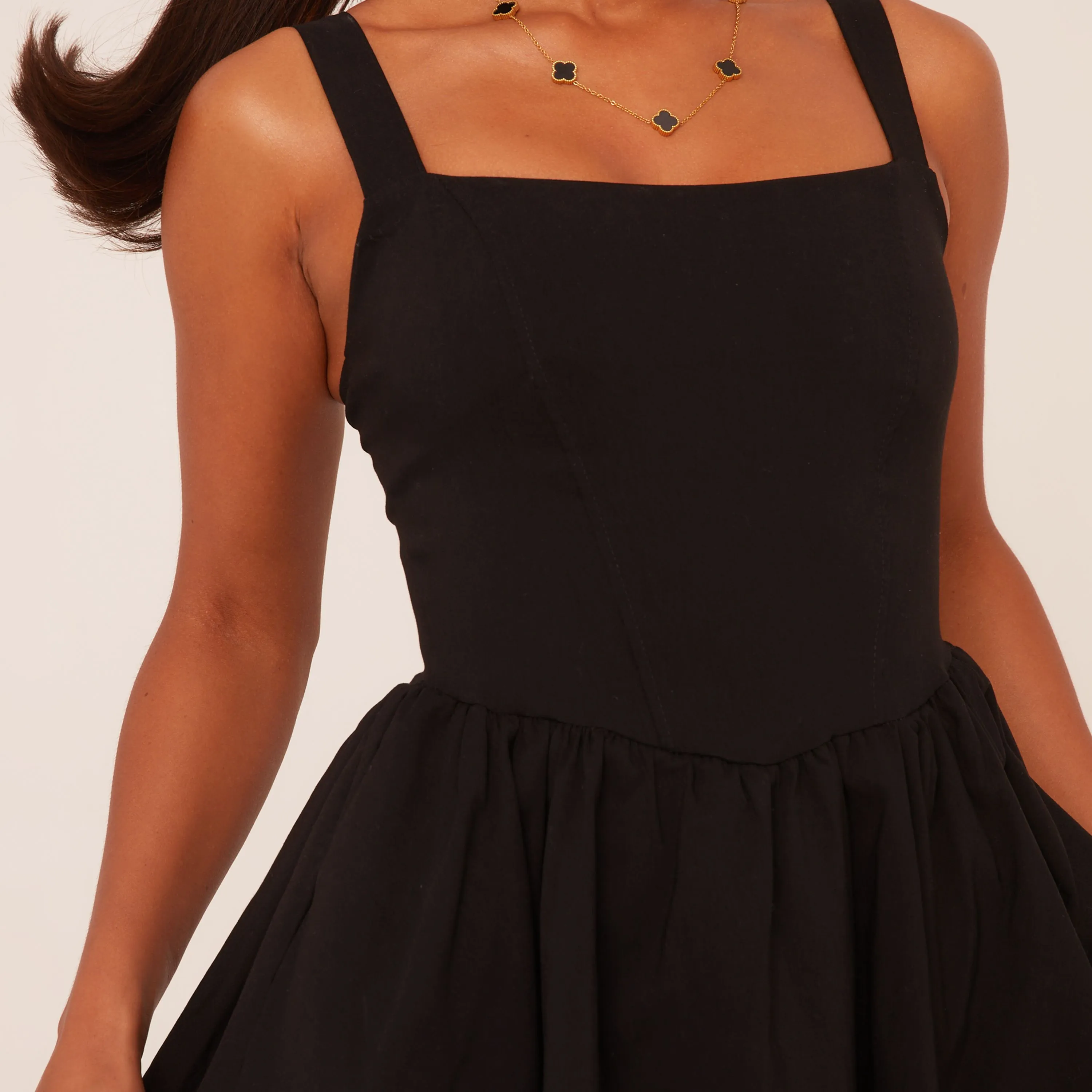 Square Neck Tiered Puffball Mini Dress In Black