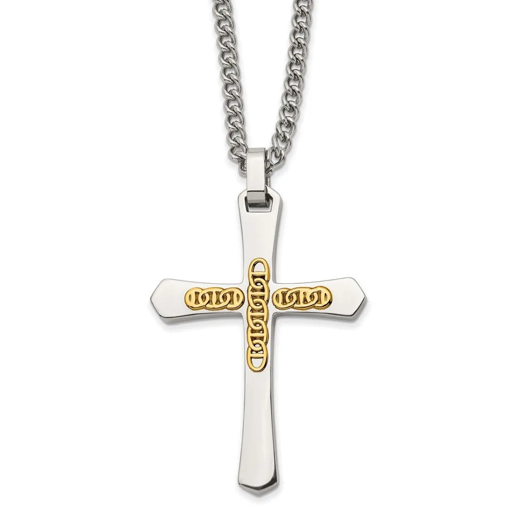 Stainless Steel & 14k Yellow Gold Accent Cross Necklace, 24 Inch