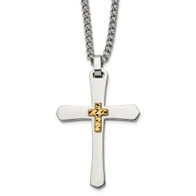 Stainless Steel & 14k Yellow Gold Accent D/C Cross Necklace, 24 Inch