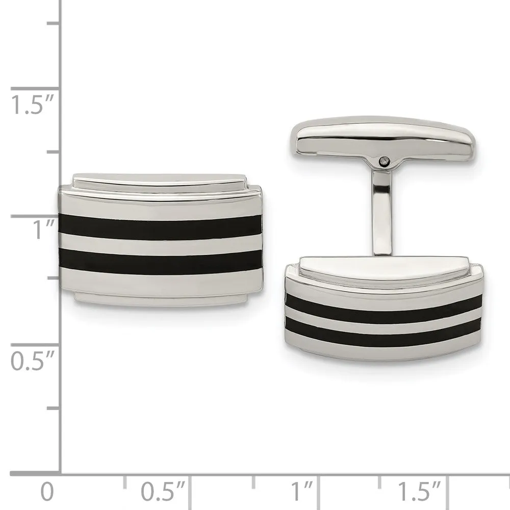 Stainless Steel & Black Rubber Convex Rectangle Cuff Links, 20 x 12mm