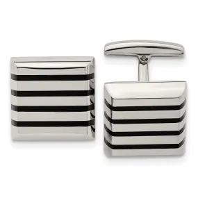 Stainless Steel & Black Rubber Striped Square Cuff Links, 17.5mm