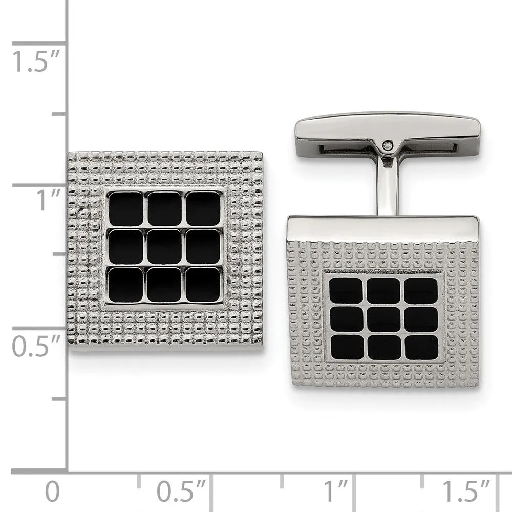 Stainless Steel & Black Rubber Textured Square Cuff Links, 16mm