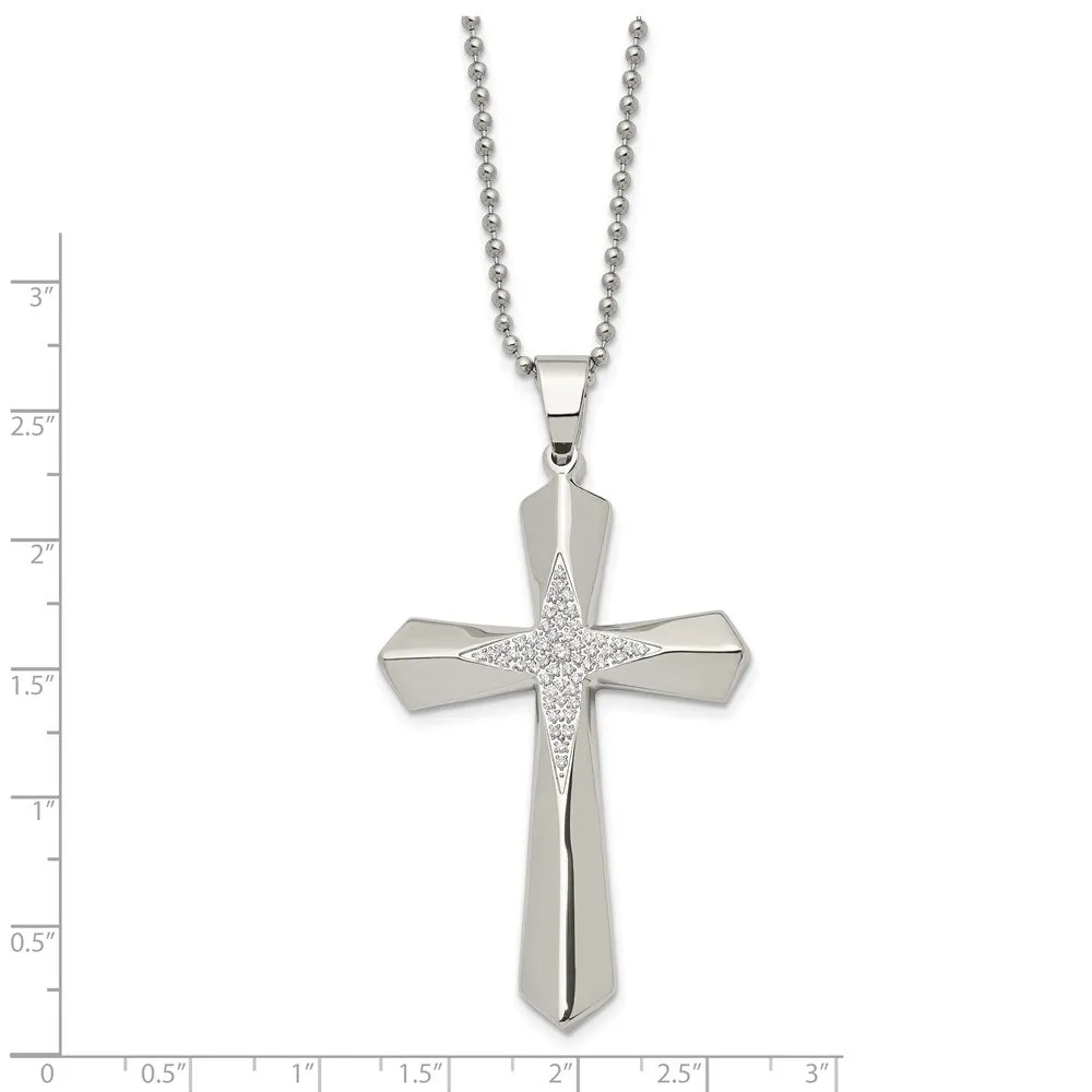 Stainless Steel & CZ Large Passion Cross Necklace, 24.5 Inch