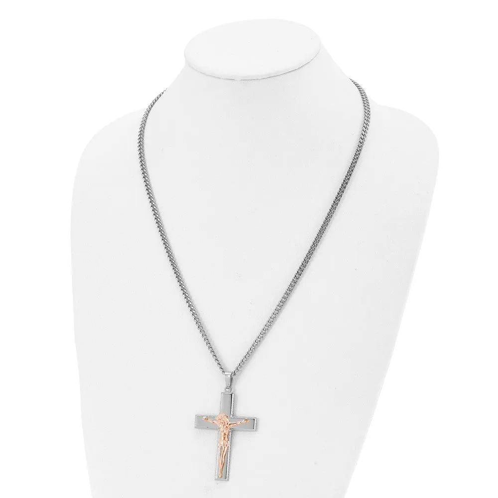 Stainless Steel & Rose Tone Plated Large Crucifix Necklace, 24 Inch