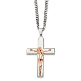 Stainless Steel & Rose Tone Plated Large Crucifix Necklace, 24 Inch