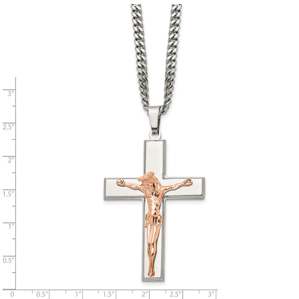 Stainless Steel & Rose Tone Plated Large Crucifix Necklace, 24 Inch