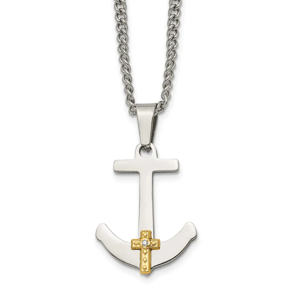 Stainless Steel 14k Yellow Gold & Diamond Anchor Cross Necklace, 24 In