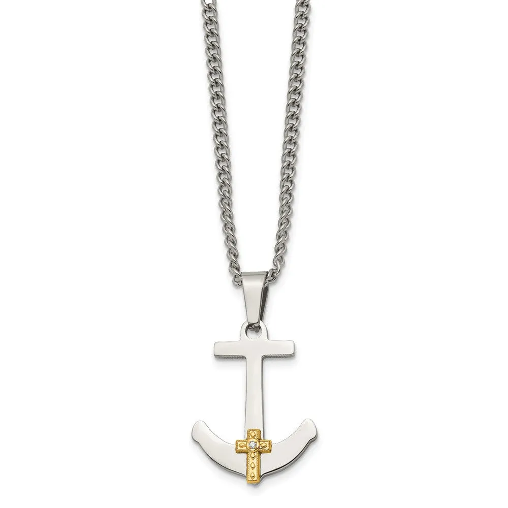 Stainless Steel 14k Yellow Gold & Diamond Anchor Cross Necklace, 24 In