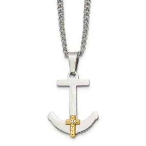 Stainless Steel 14k Yellow Gold & Diamond Anchor Cross Necklace, 24 In