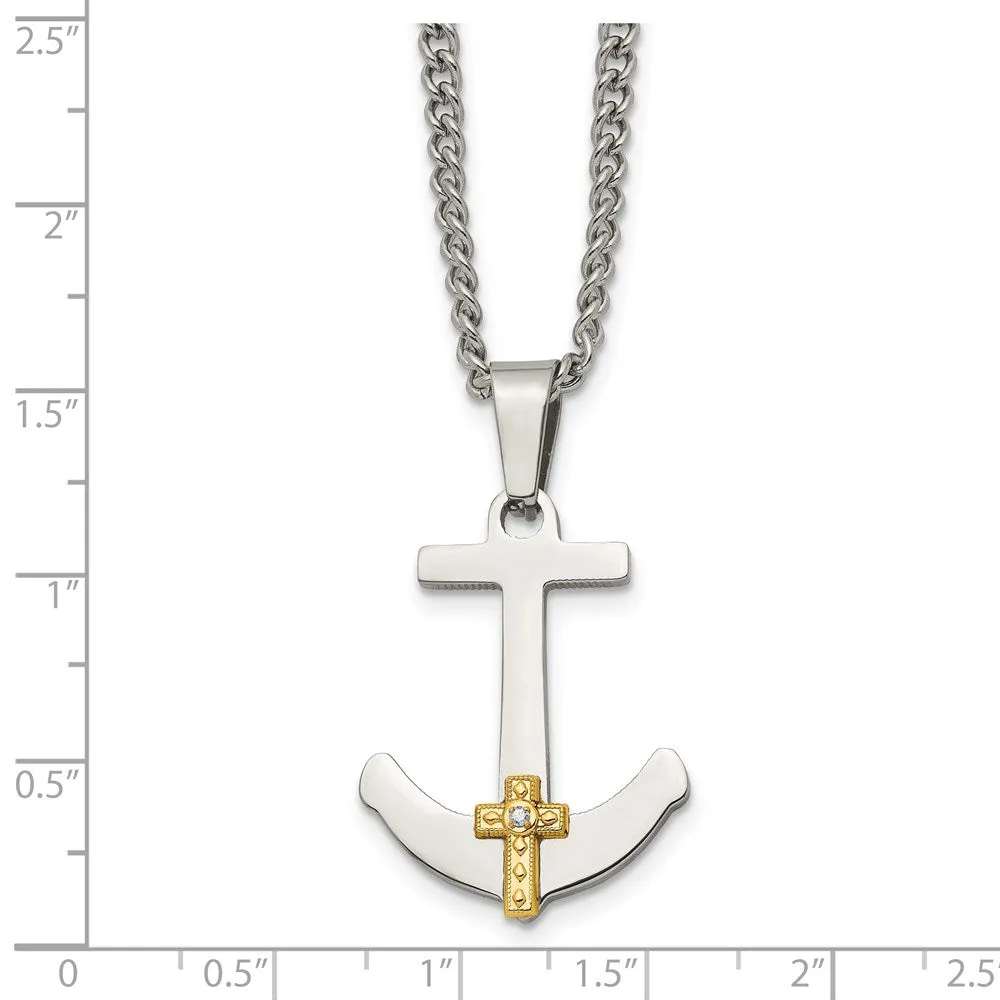 Stainless Steel 14k Yellow Gold & Diamond Anchor Cross Necklace, 24 In