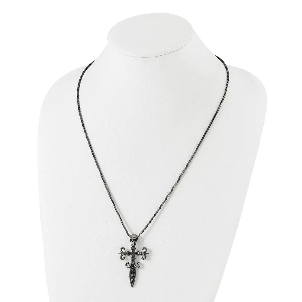 Stainless Steel Antique White Bronze-Plated CZ Cross Necklace, 24 Inch