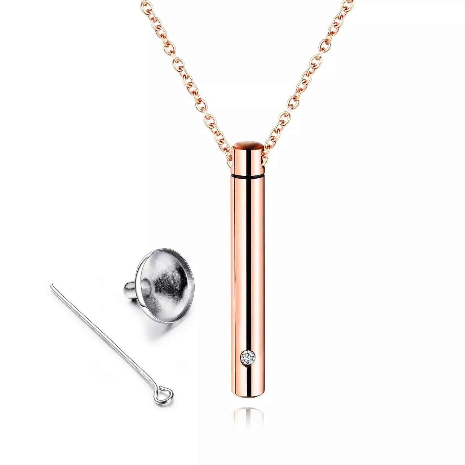 Stainless Steel Cremation Cylinder Pendant Necklace Rose Gold Plated