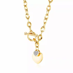 Stainless Steel CZ Pave Heart Toggle Necklace Gold Plated