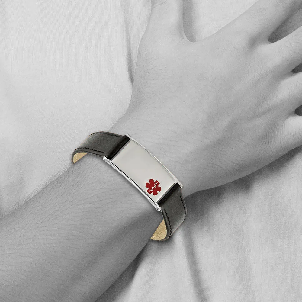 Stainless Steel Enamel Leather Medical I.D. Bracelet, 6.5 - 8.25 Inch