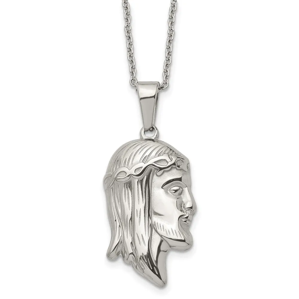 Stainless Steel Polished Jesus Profile Necklace, 22 Inch