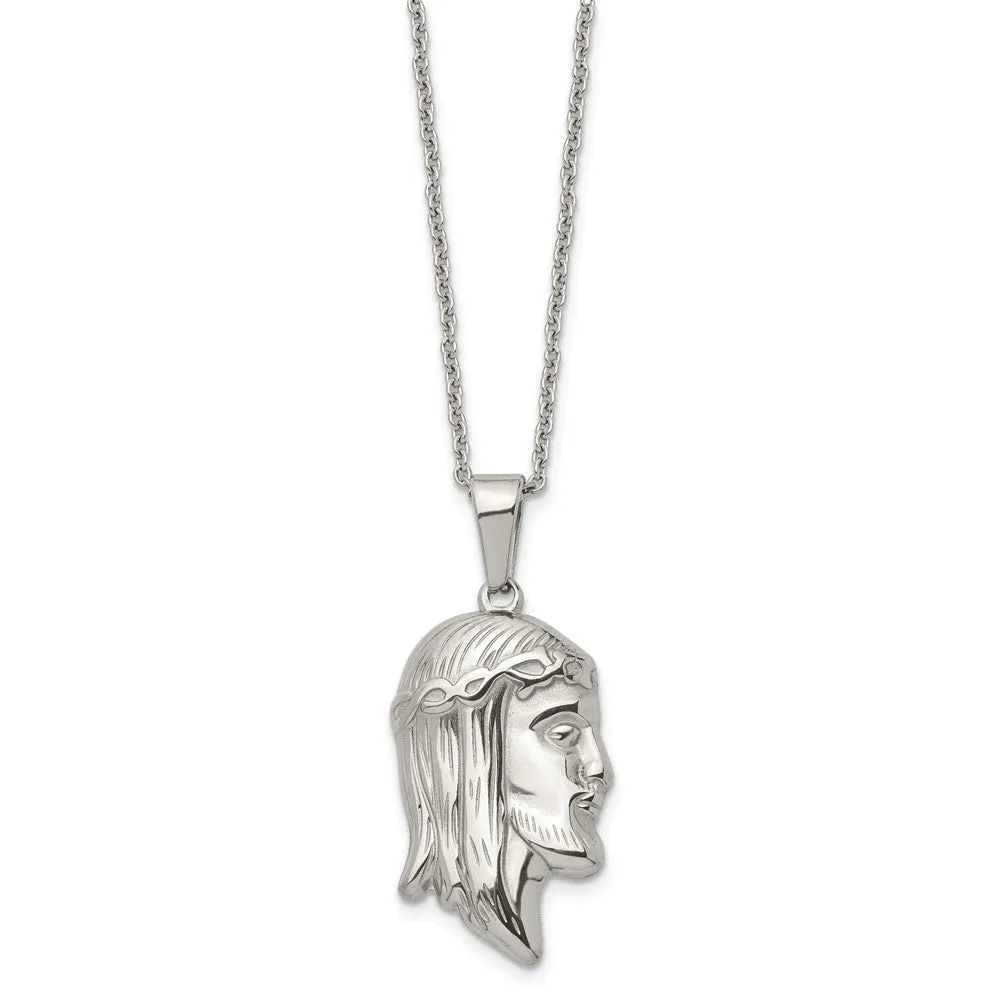 Stainless Steel Polished Jesus Profile Necklace, 22 Inch