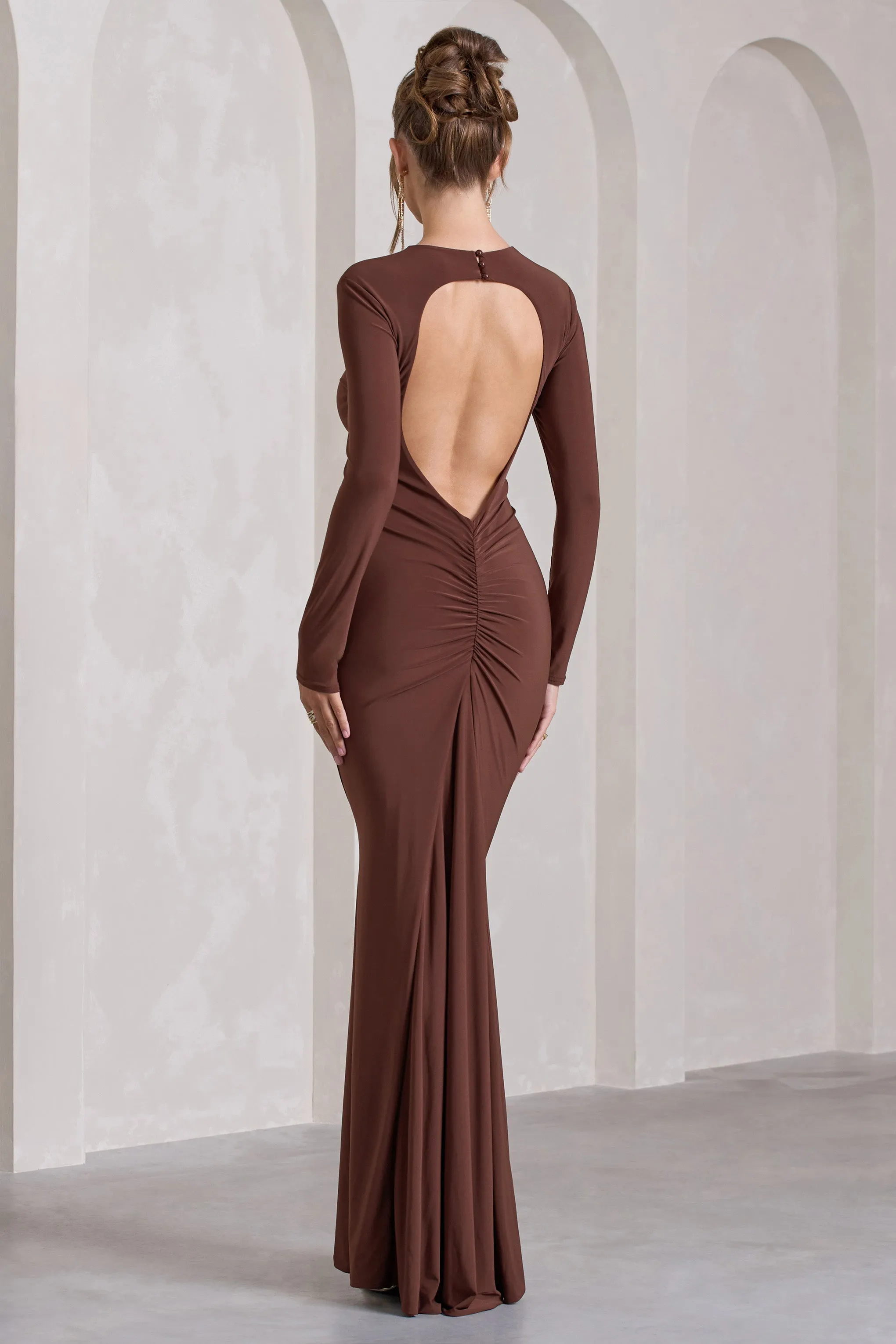 Starring | Chocolate Brown Long-Sleeve Backless Fishtail Maxi Dress