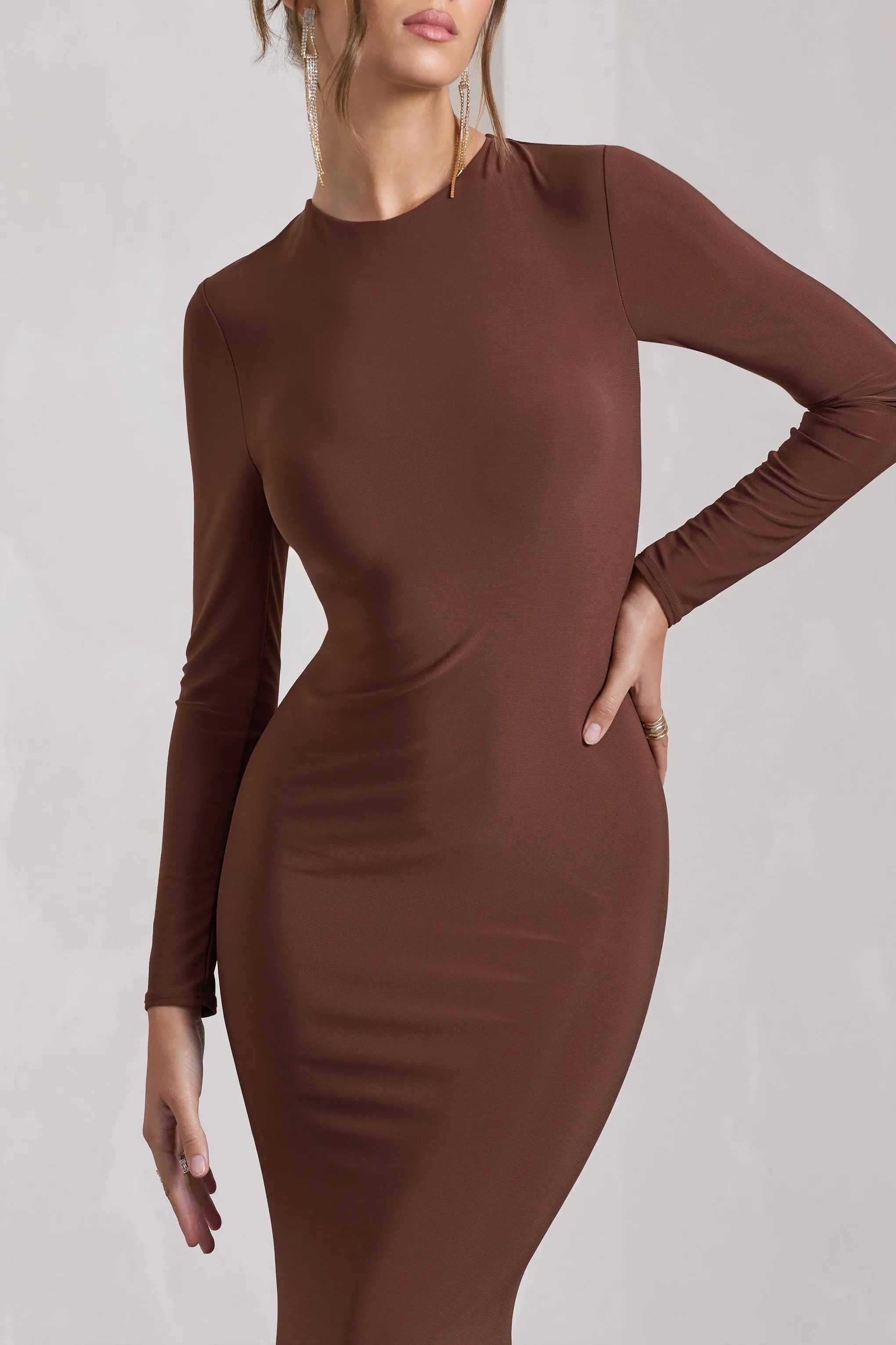 Starring | Chocolate Brown Long-Sleeve Backless Fishtail Maxi Dress