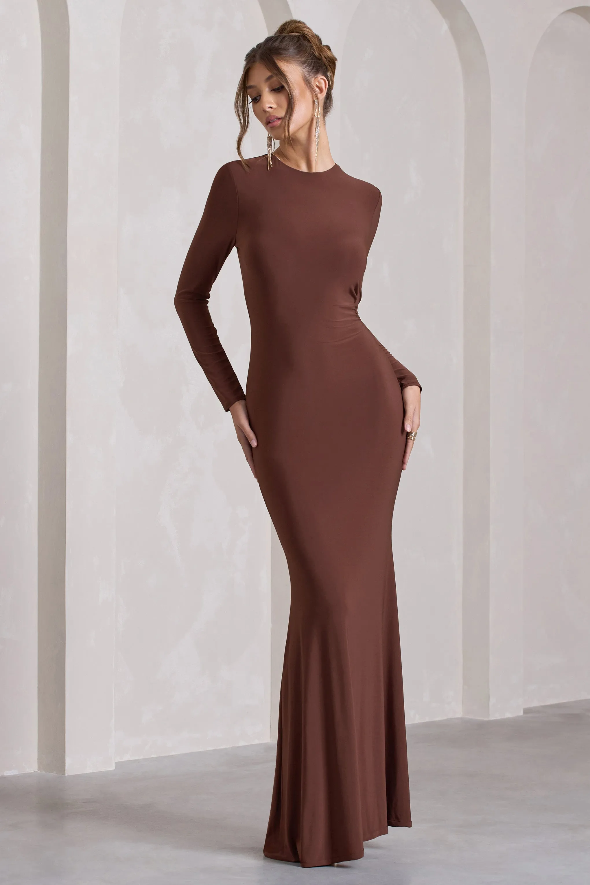 Starring | Chocolate Brown Long-Sleeve Backless Fishtail Maxi Dress