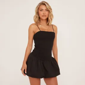 Strappy Square Neck Puffball Mini Dress In Black