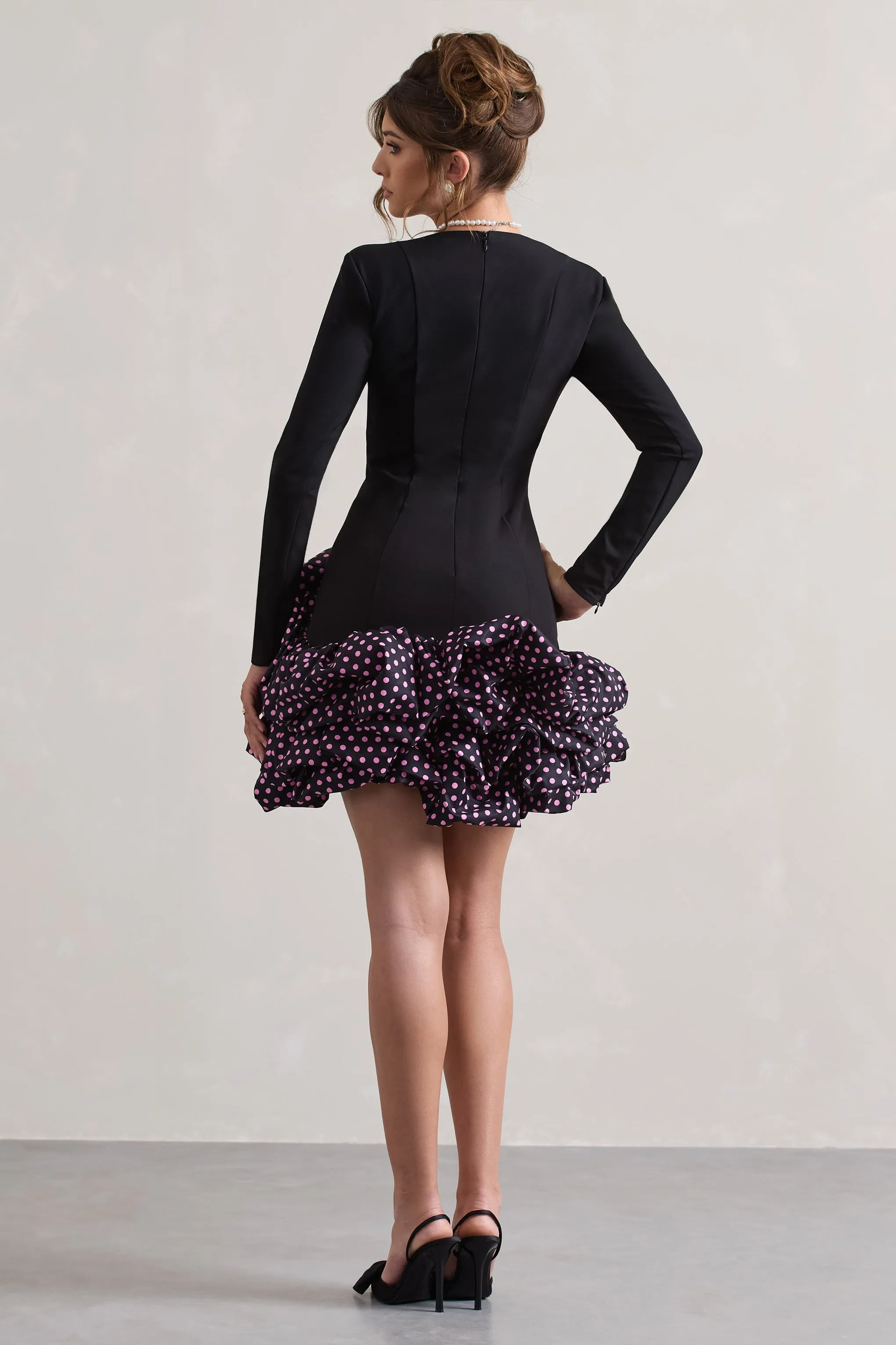 Surreal | Black Polka Dot Square-Neck Mini Dress With Ruffles