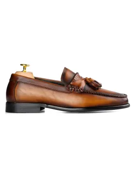 Tassel Moccasin Loafer - Cognac Tan (Hand Painted Patina)