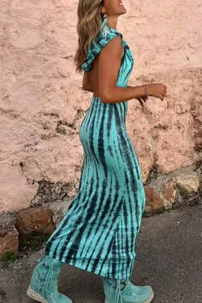 Tie-dyed Print Backless Hooded Dress