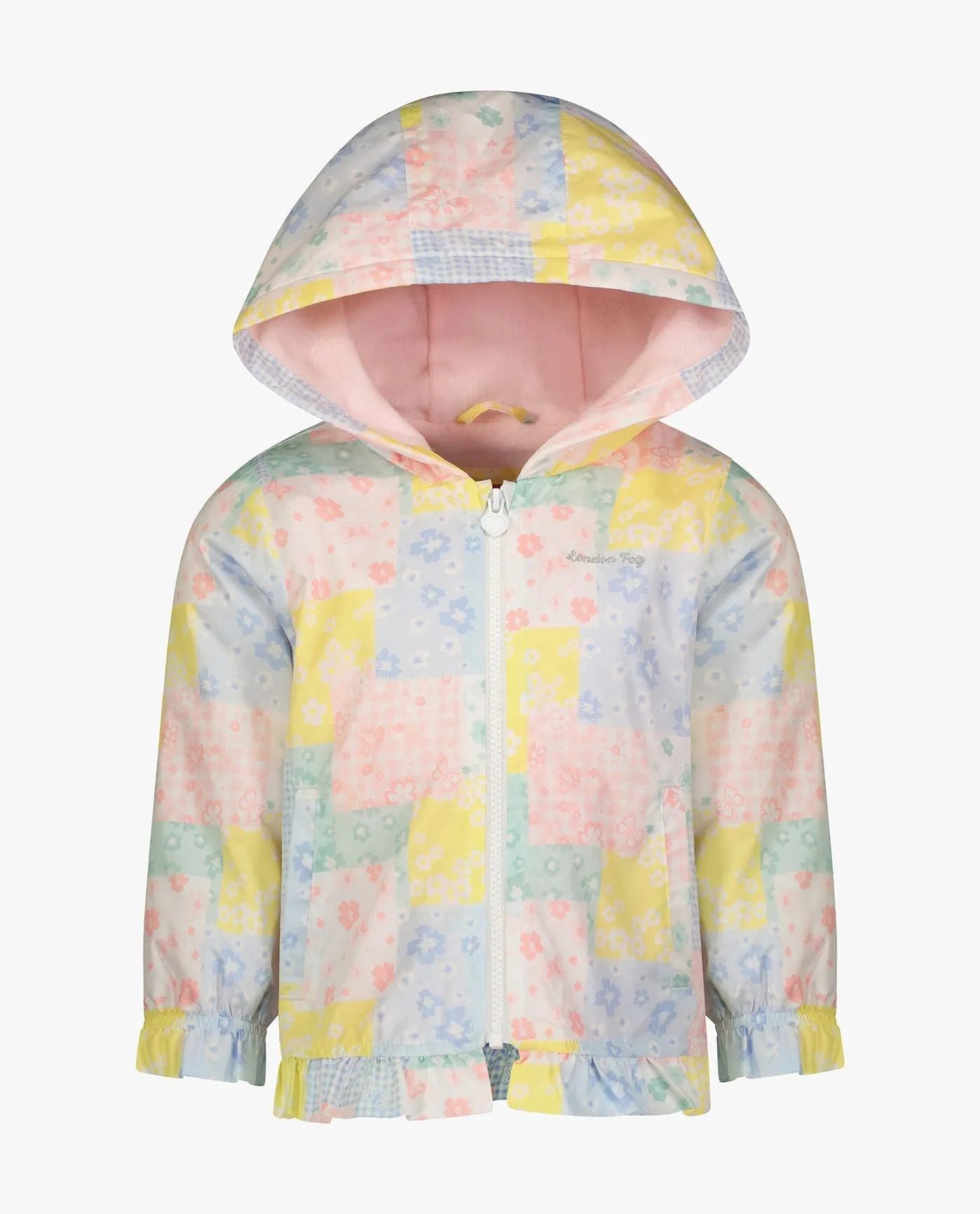 TODDLER GIRLS PRINTED ZIP FRONT HOODED RUFFLE RAINCOAT