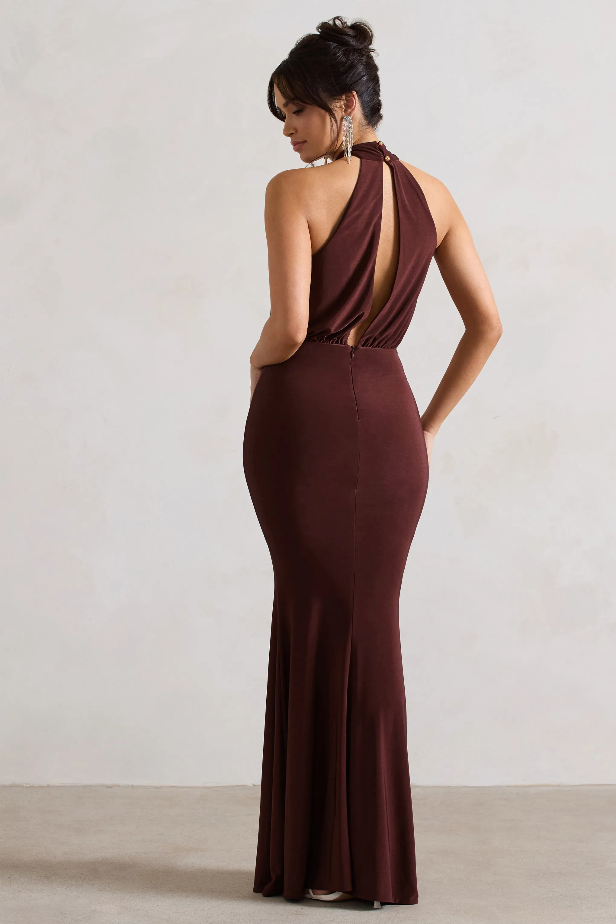 Vanessa | Chocolate Brown Knot Halter-Neck Maxi Dress