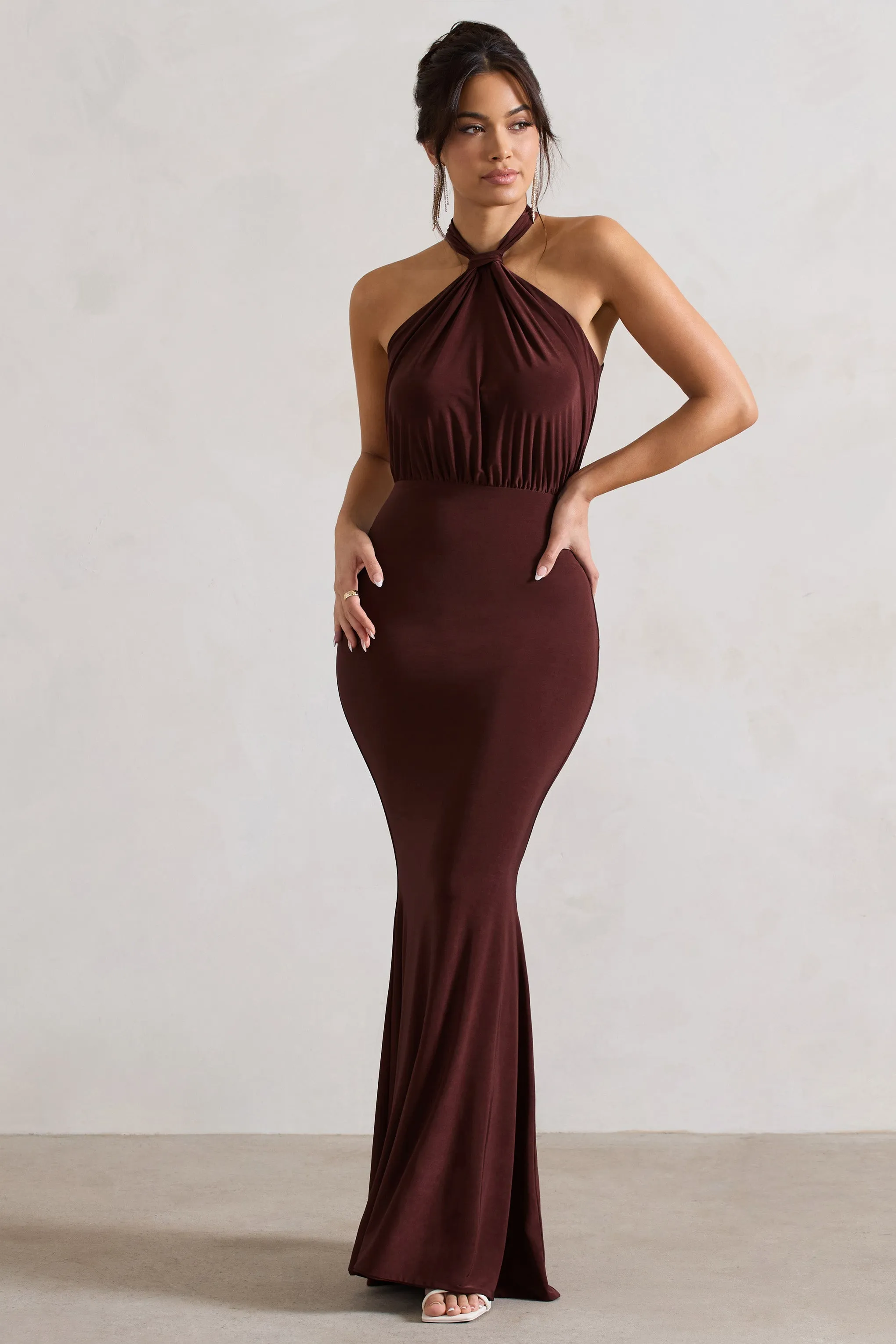 Vanessa | Chocolate Brown Knot Halter-Neck Maxi Dress