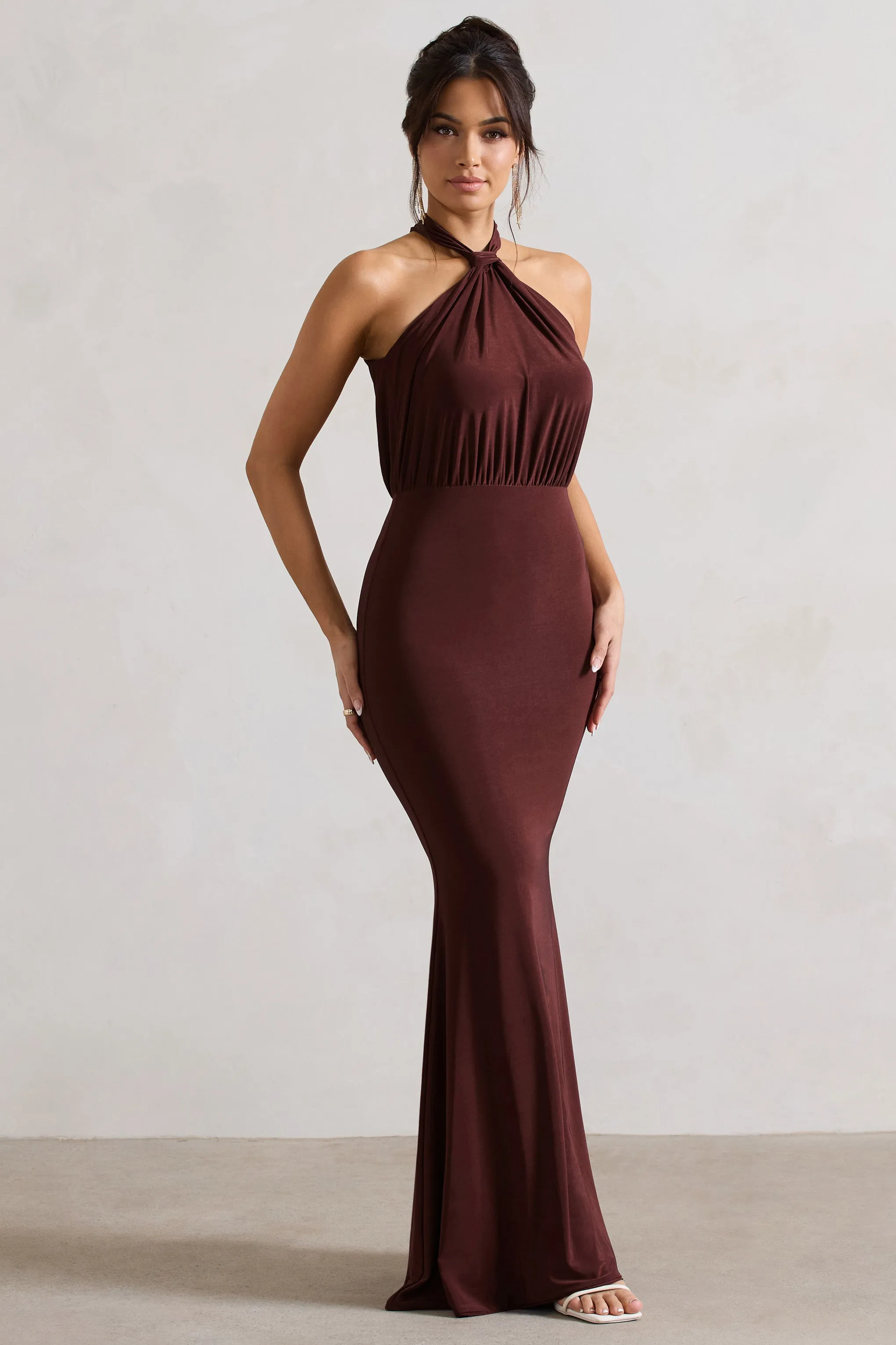 Vanessa | Chocolate Brown Knot Halter-Neck Maxi Dress