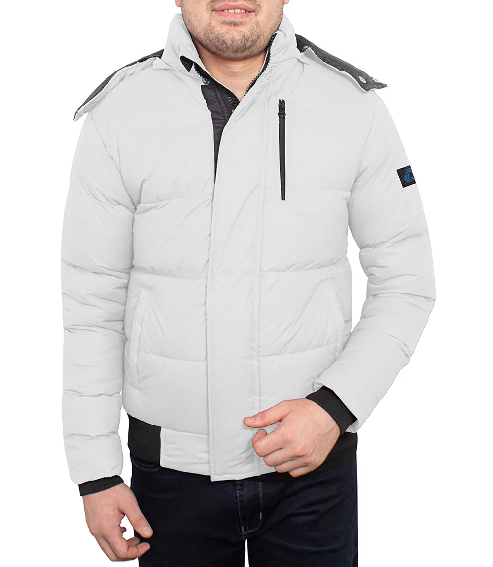 White Mens Puffer Jacket With Faux Fur Hood