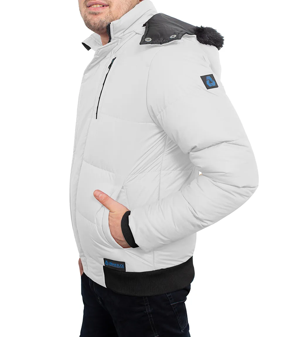 White Mens Puffer Jacket With Faux Fur Hood