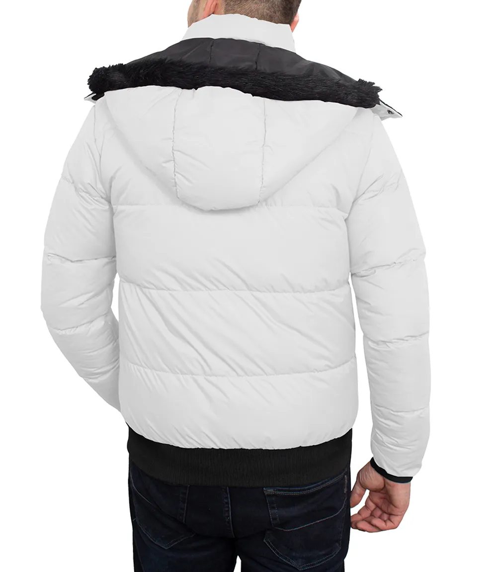 White Mens Puffer Jacket With Faux Fur Hood