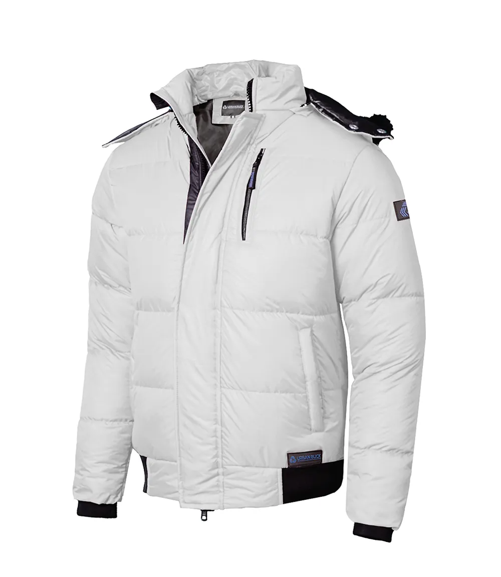 White Mens Puffer Jacket With Faux Fur Hood