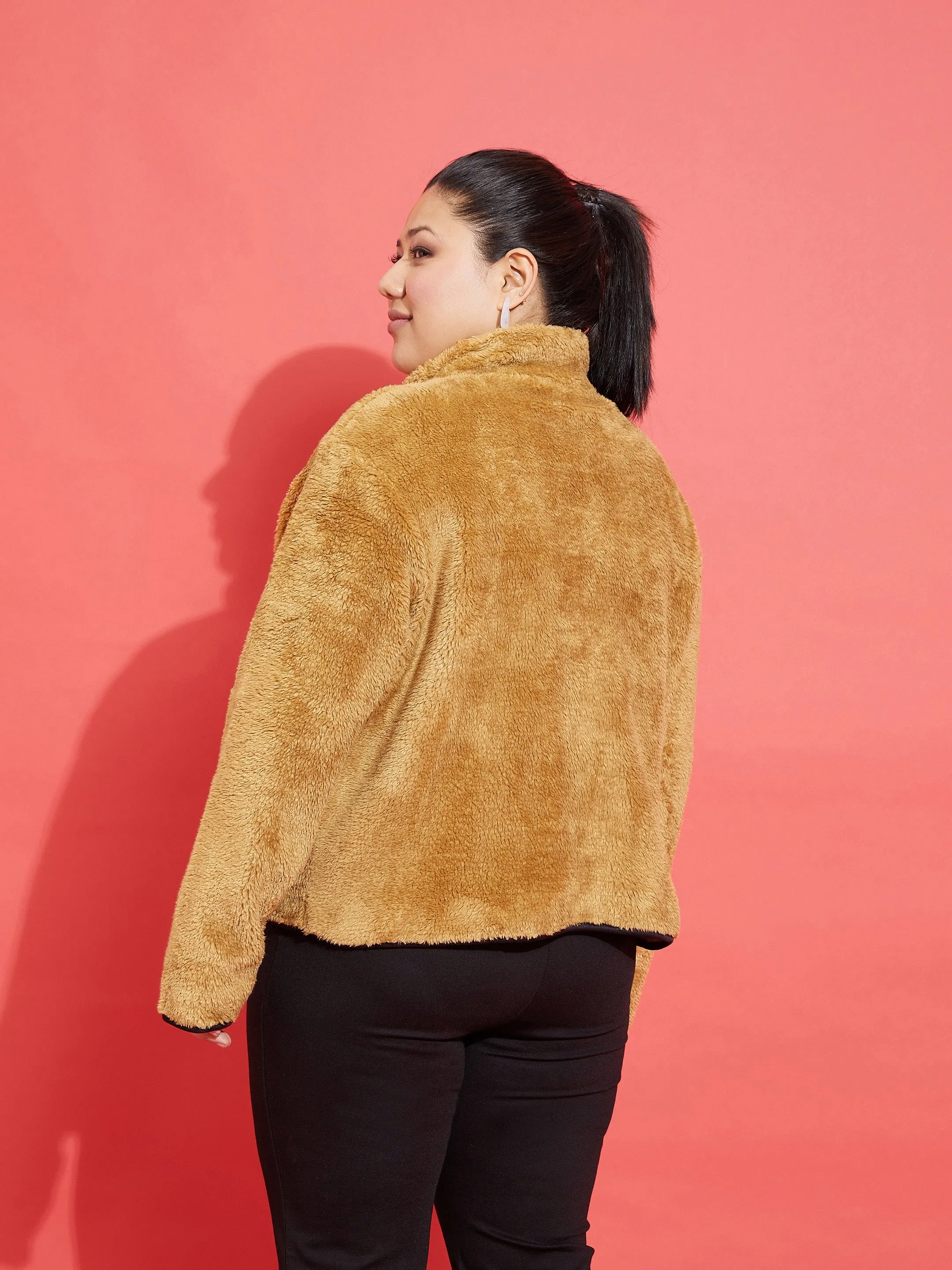 Women Brown Fur Contrast Piping Zipper Jacket