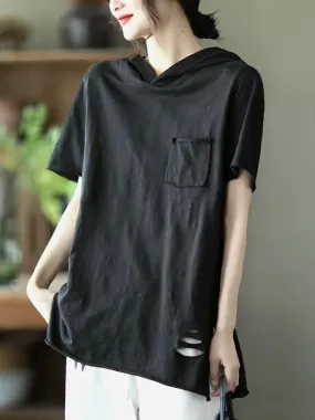 Women Summer Solid Hooded Casual Cotton Shirts SC1004