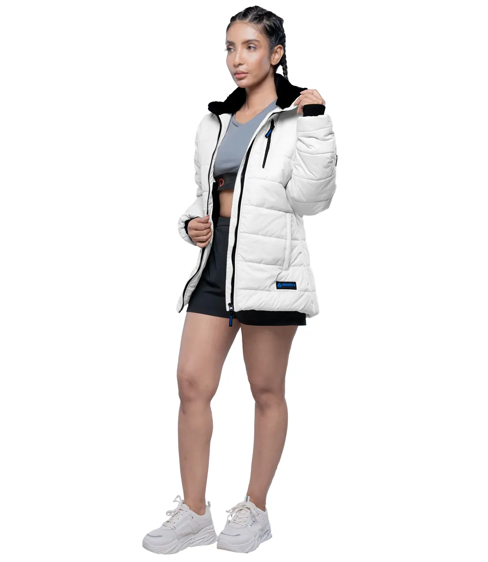 Women's White Puffer Jacket with Fur Collar