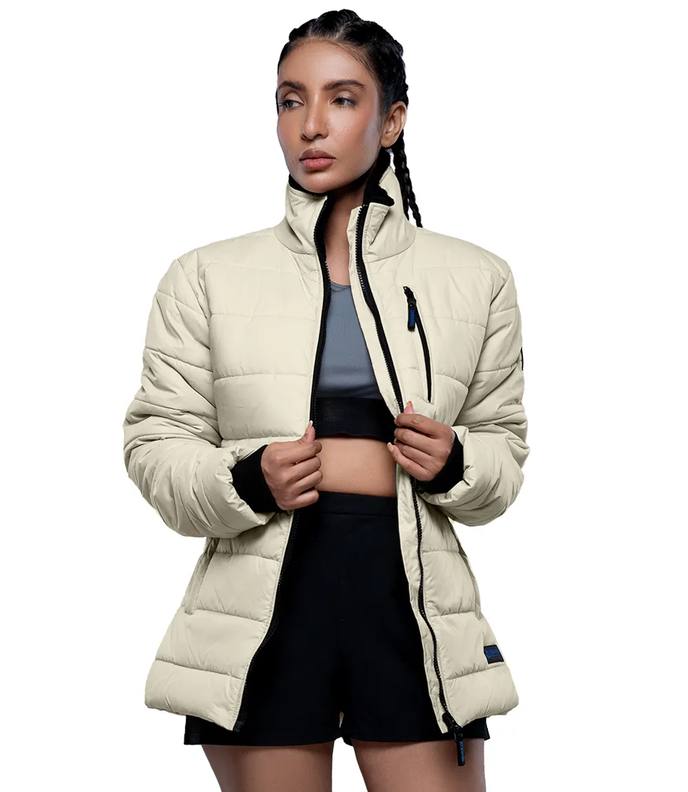 Womens Cream Puffer Jacket With Fur Collar