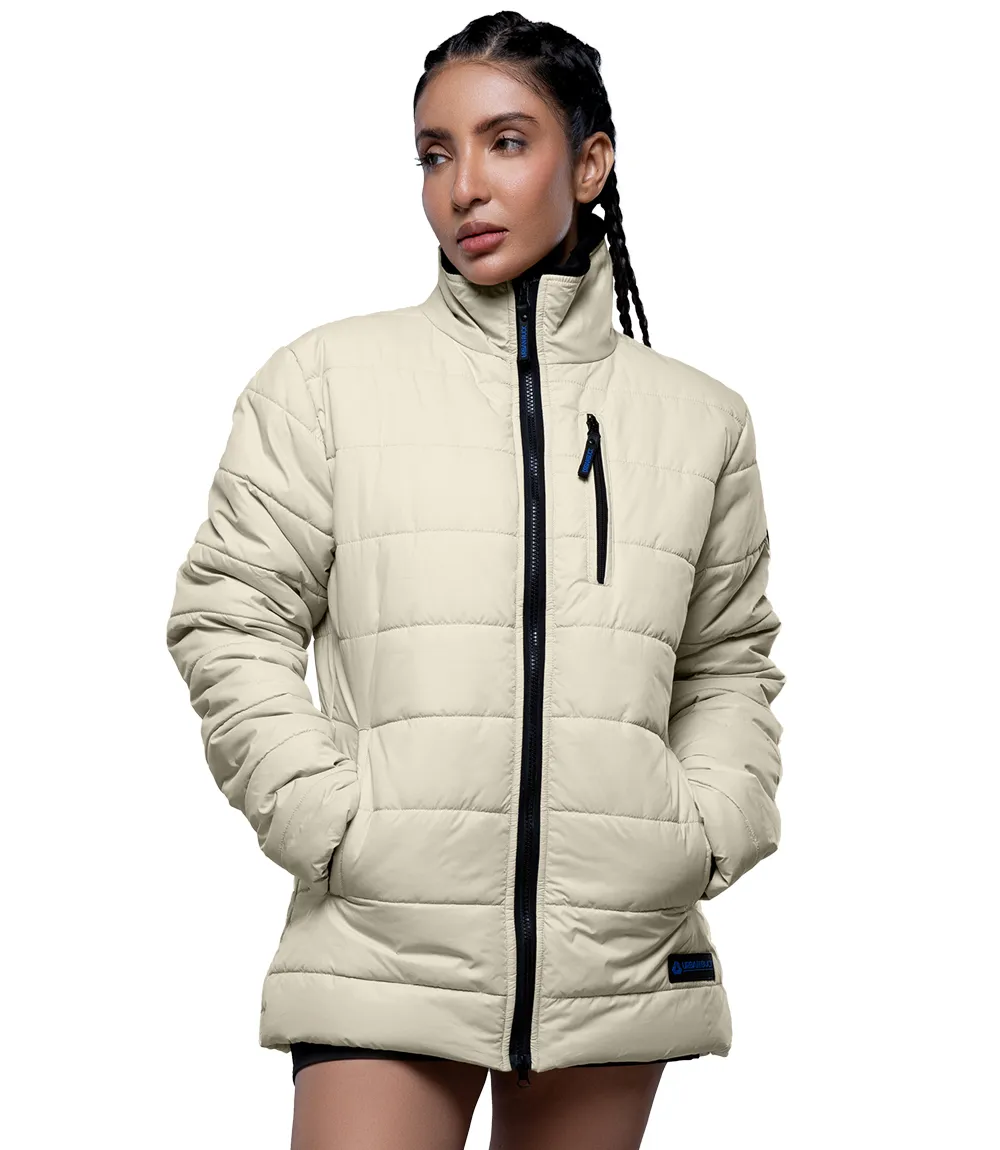 Womens Cream Puffer Jacket With Fur Collar