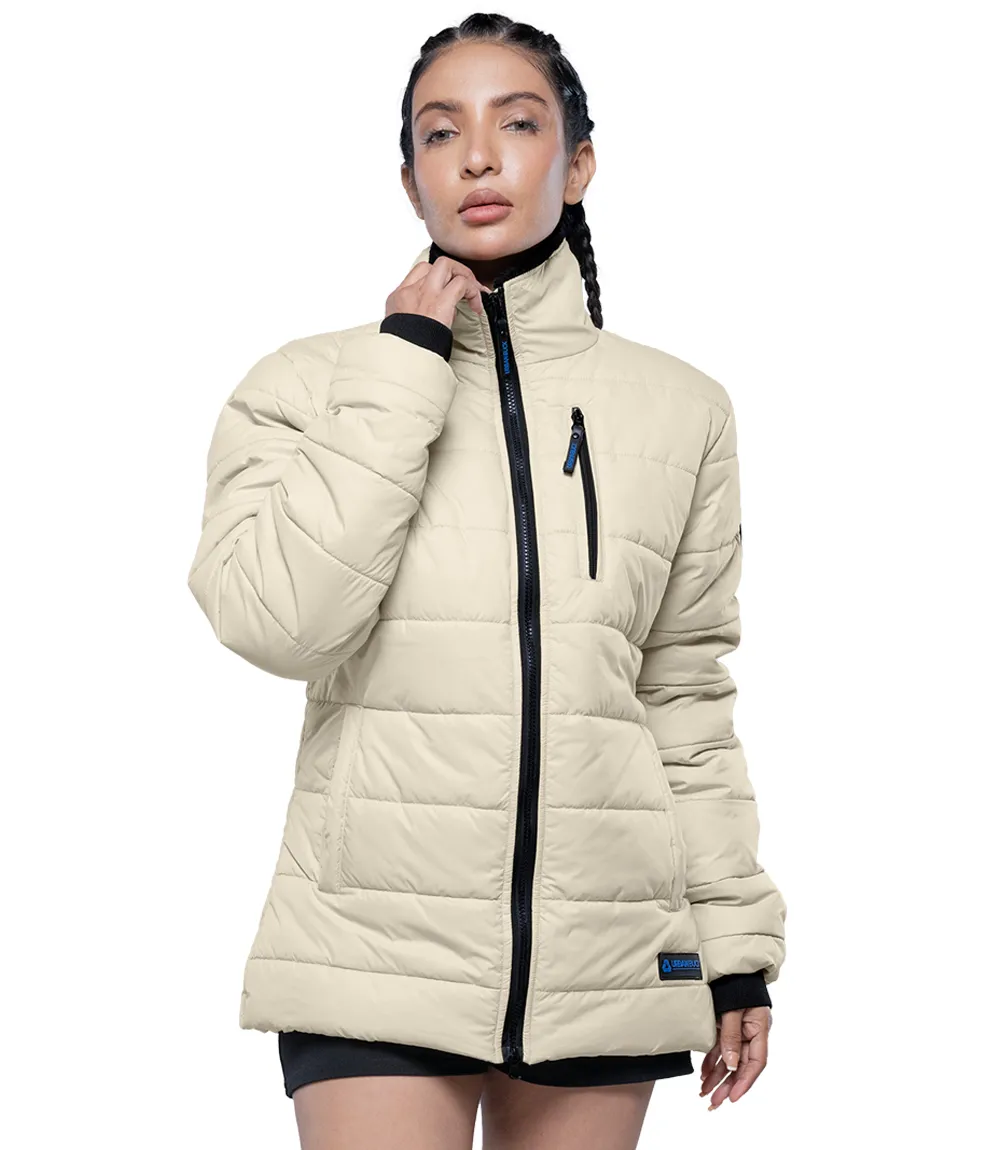 Womens Cream Puffer Jacket With Fur Collar