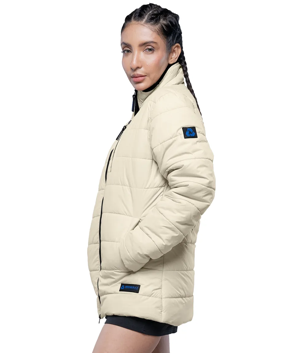 Womens Cream Puffer Jacket With Fur Collar