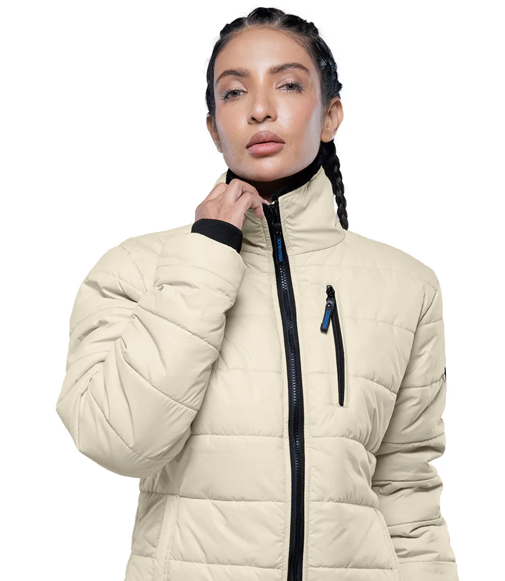 Womens Cream Puffer Jacket With Fur Collar