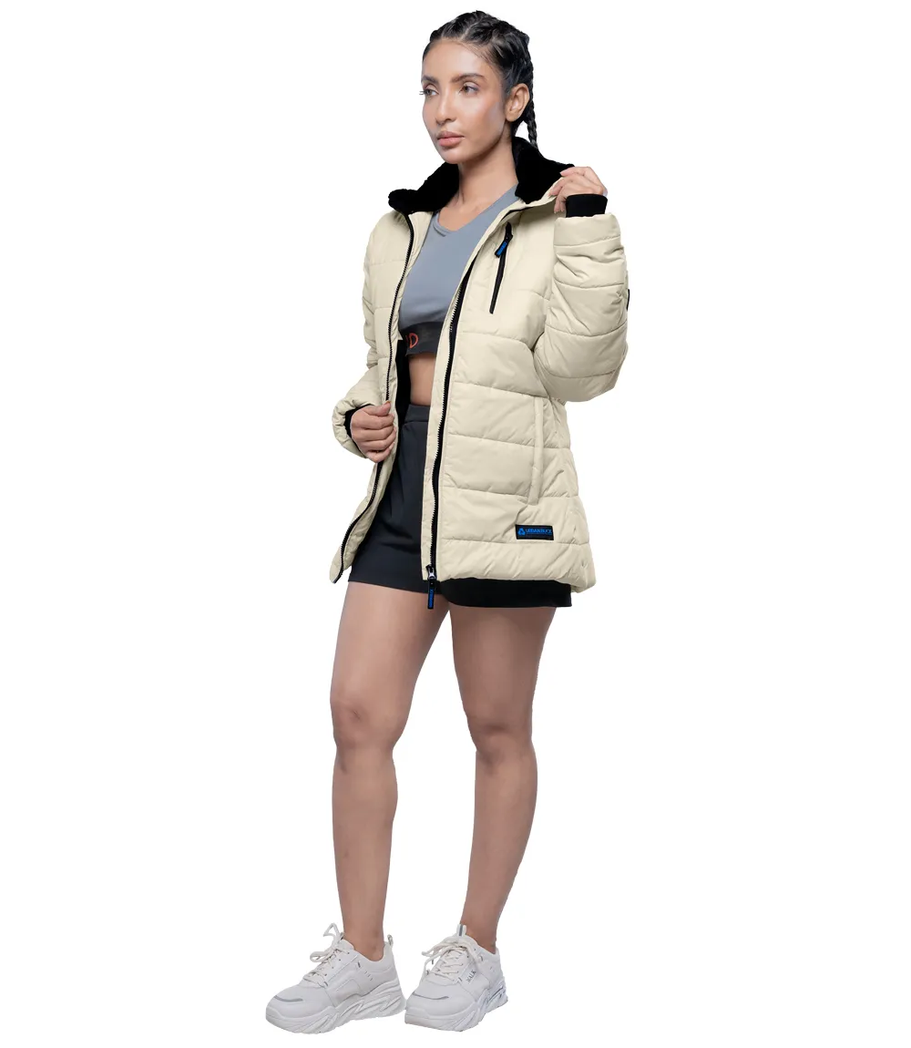 Womens Cream Puffer Jacket With Fur Collar