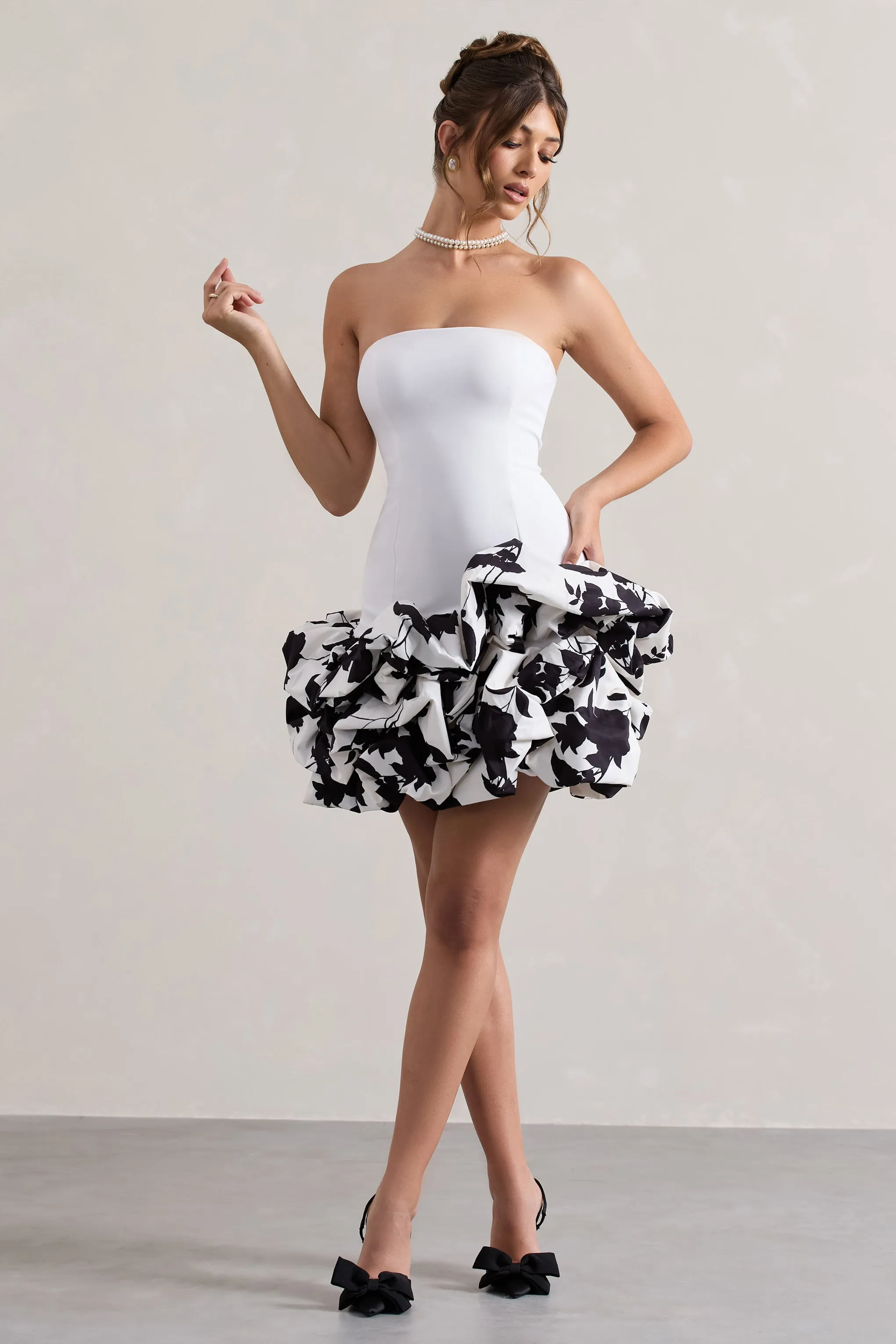 Work Of Art | Cream Floral Print Strapless Ruffle Mini Dress