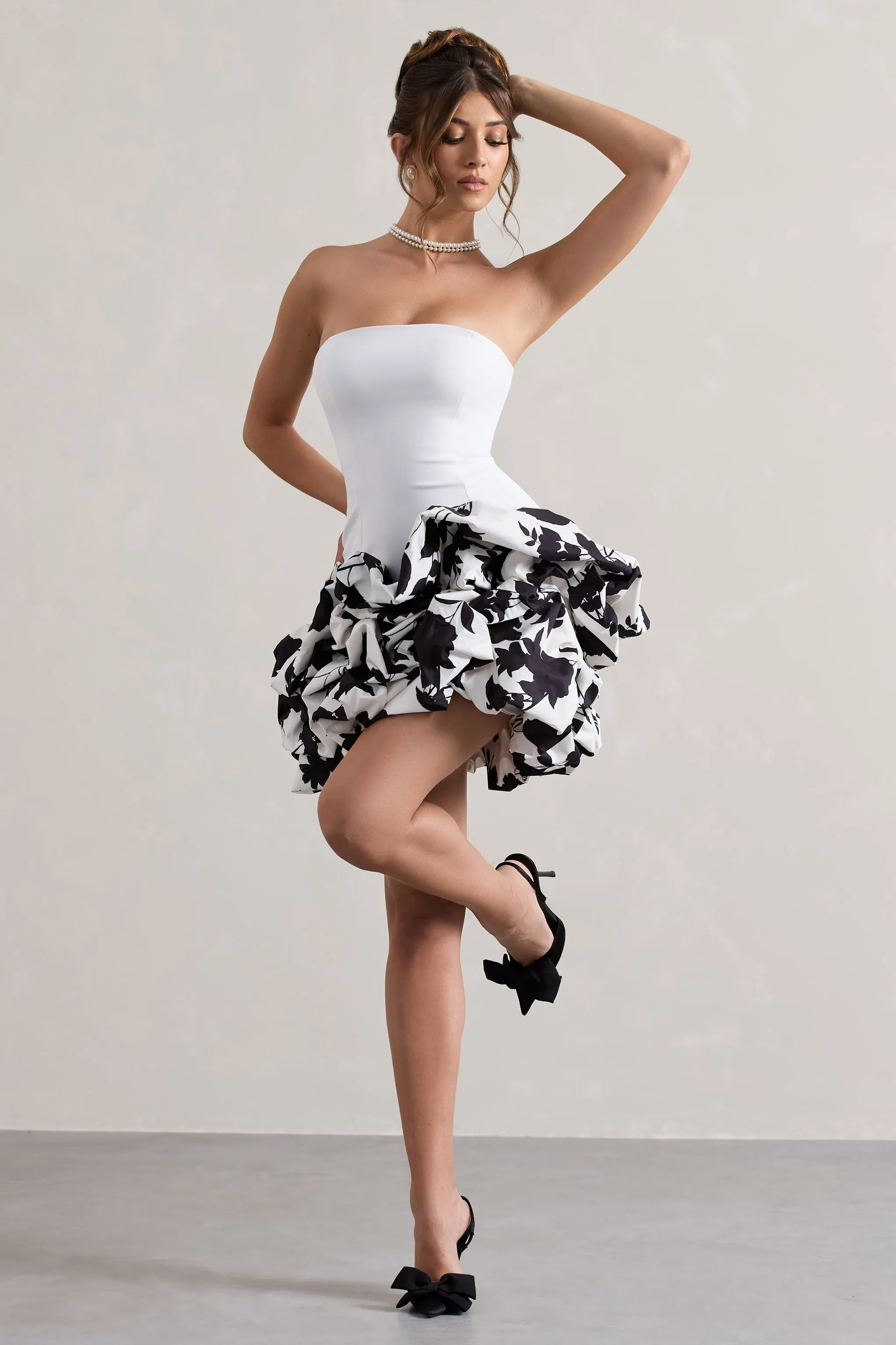 Work Of Art | Cream Floral Print Strapless Ruffle Mini Dress