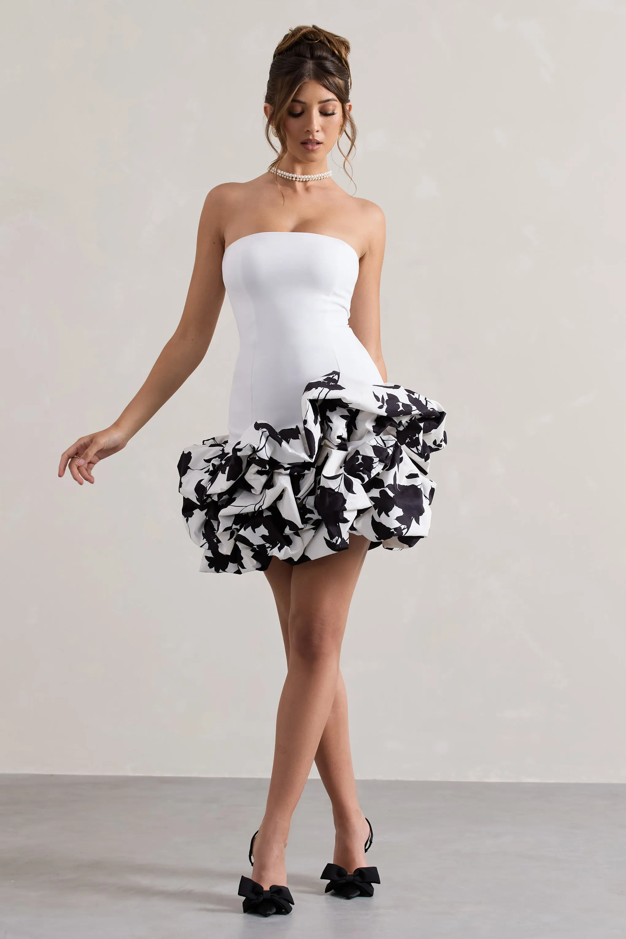 Work Of Art | Cream Floral Print Strapless Ruffle Mini Dress