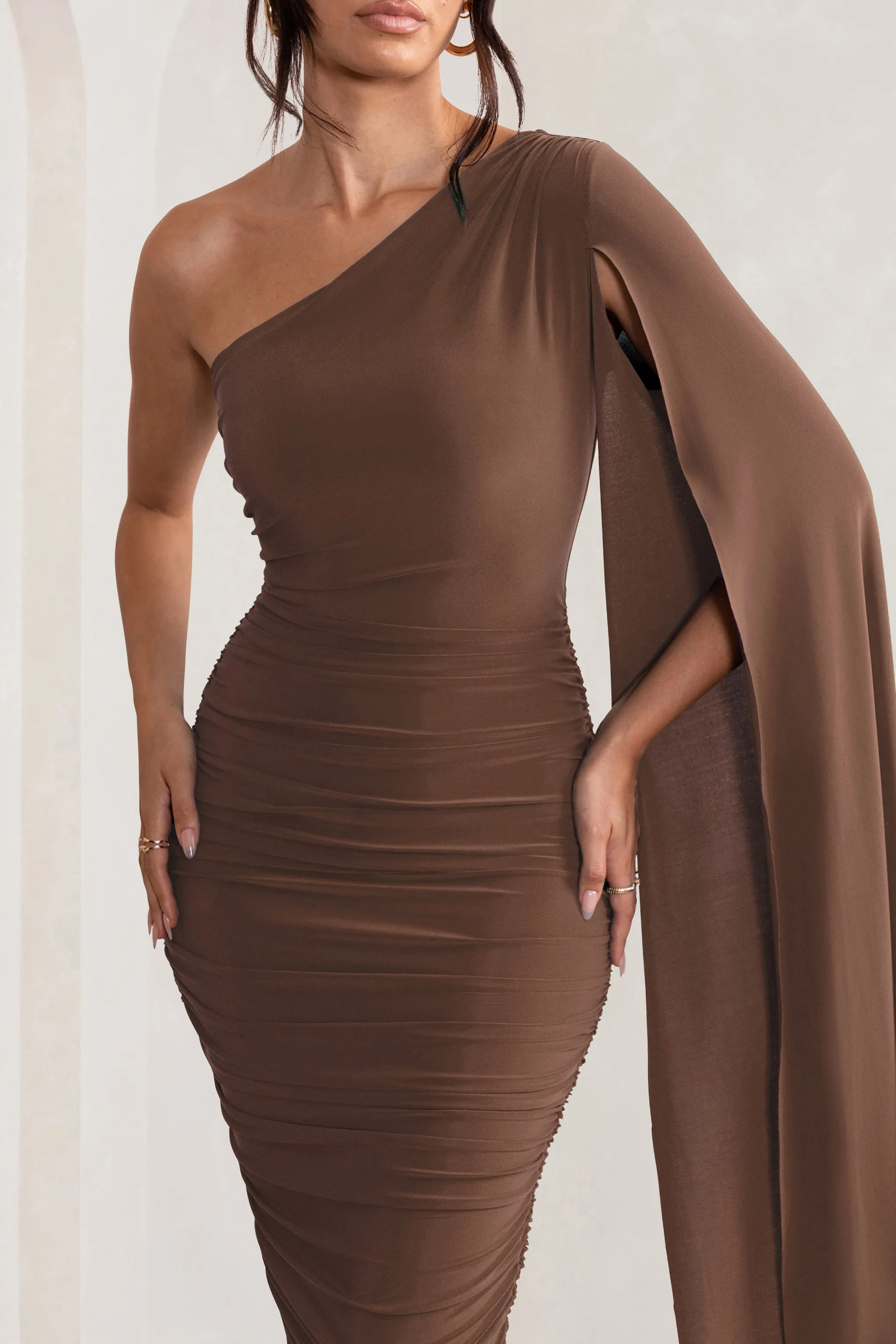 Yara | Chocolate Brown One Shoulder Cape Ruched Midi Dress